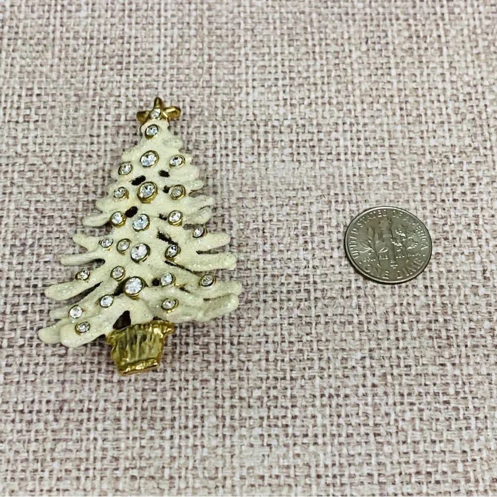 Gold Ivory Glitter Snowy Crystal Tree Brooch